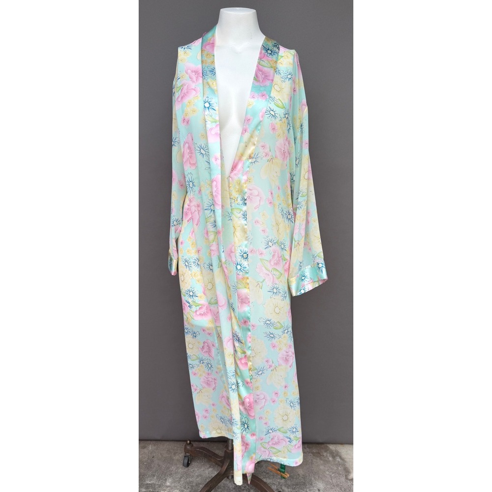 Vintage Floral Maxi Robe Medium Pastel Mint Pink Satin Trim Pockets Long Duster